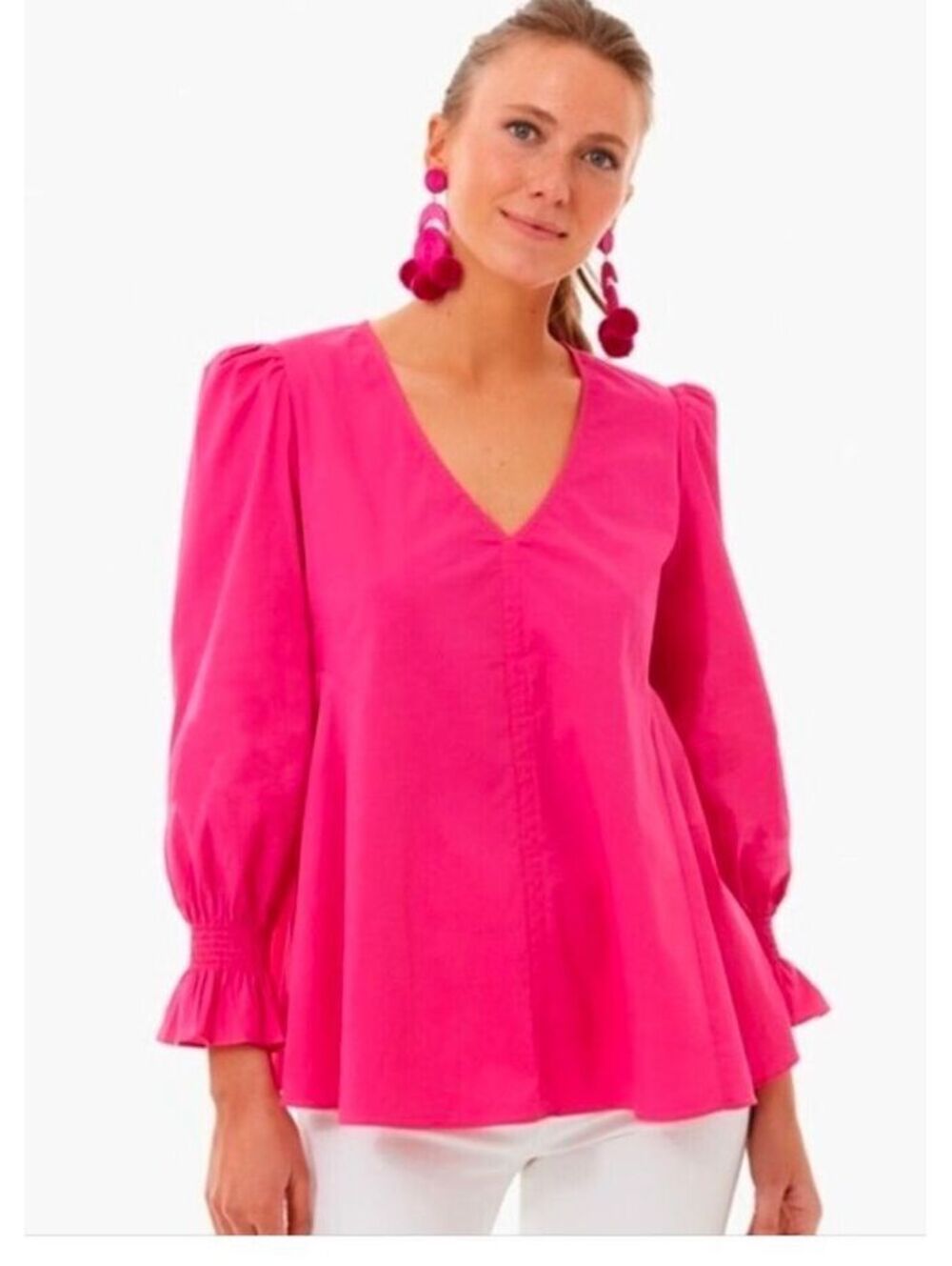 Tuckernuck Pomander Place Blouse Hot Pink V-Neck Smocked Cuff Puff Sleeve XS EUC